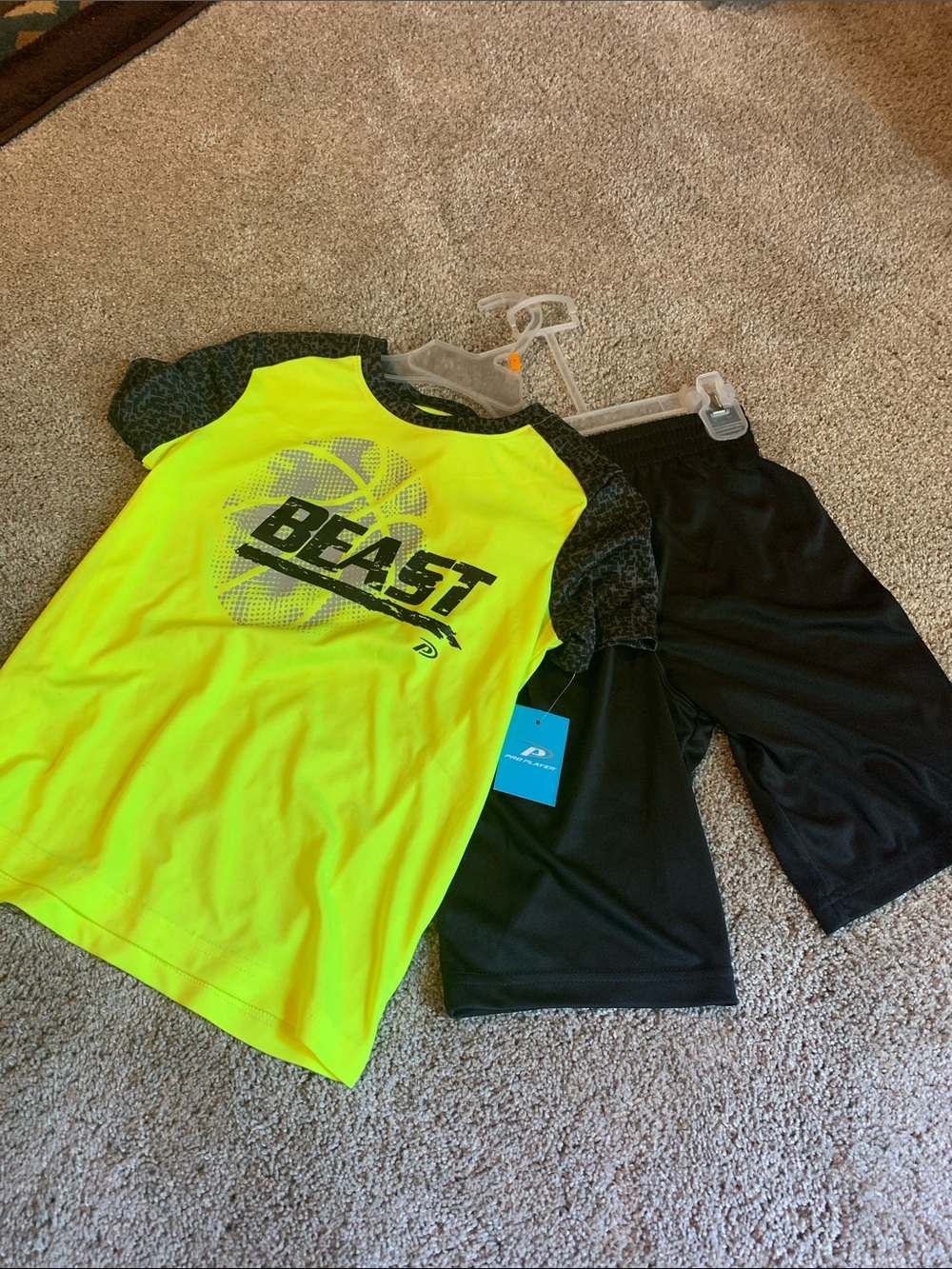Soccer BEAST" NEW Size 7 Athletic Tee & Black Shorts Set Gray soccer ball Front